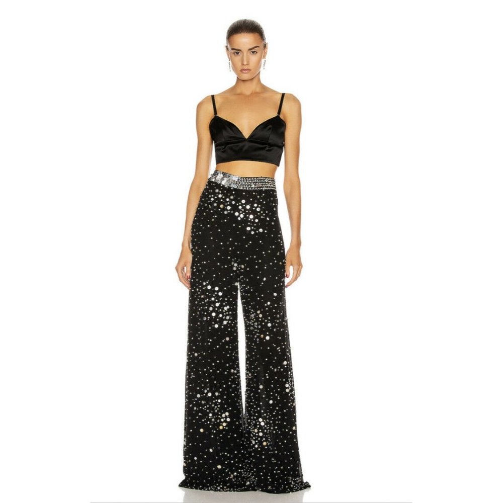 RAISA&VANESSA Strass Embellished Pants Black Silk Wise Leg Luxury 38 NWT $1723
